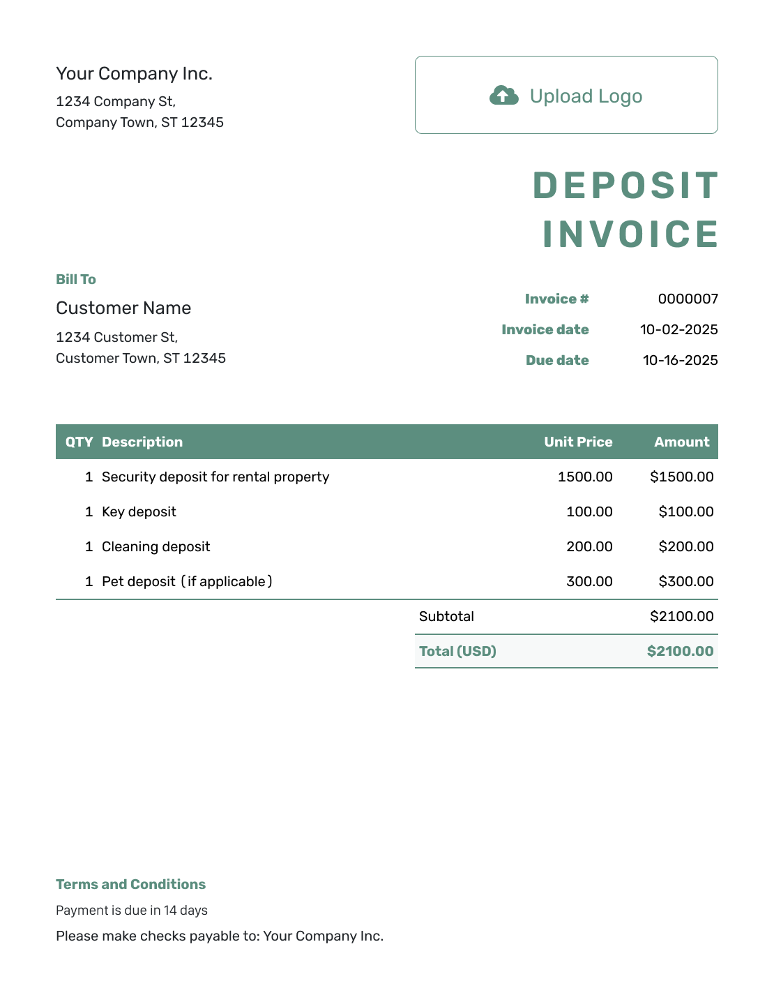 Simple Deposit Invoice Template