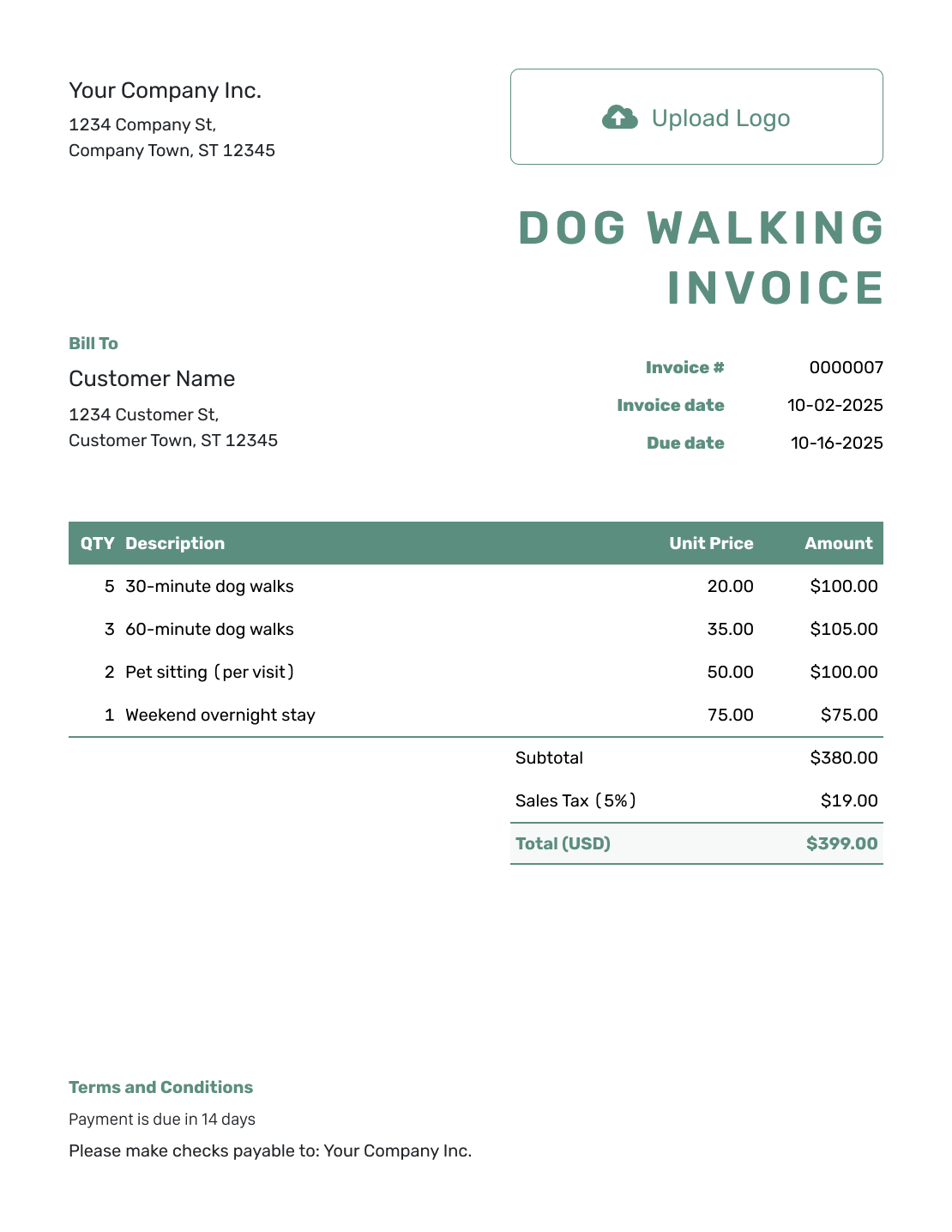 Simple Dog Walking Invoice Template