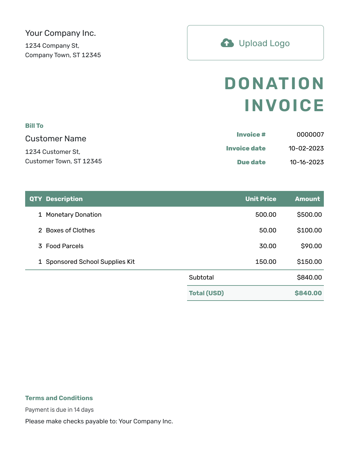 Simple Donation Invoice Template