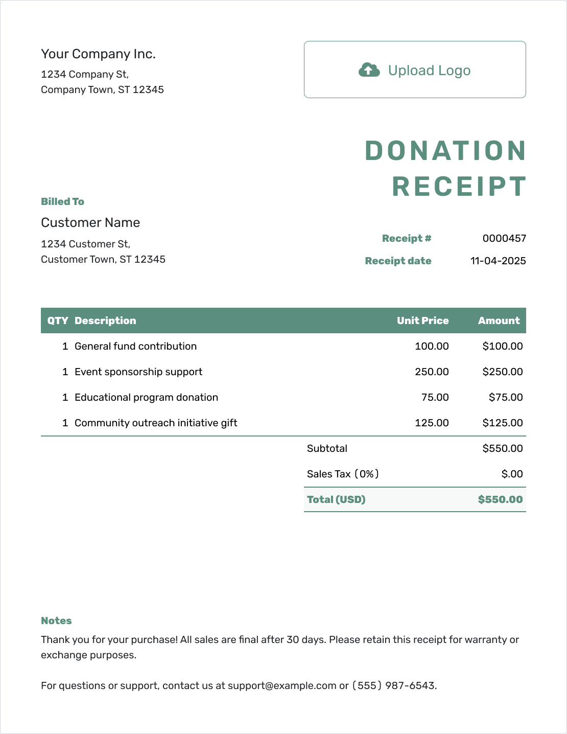 Simple Donation Receipt Template