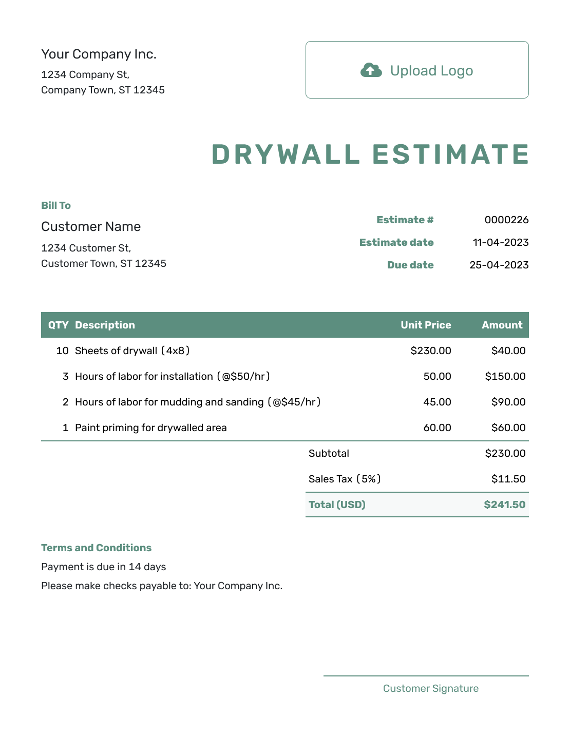 Simple Drywall Estimate Template