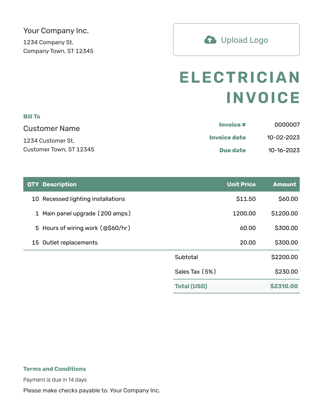 Simple Electrician Invoice Template
