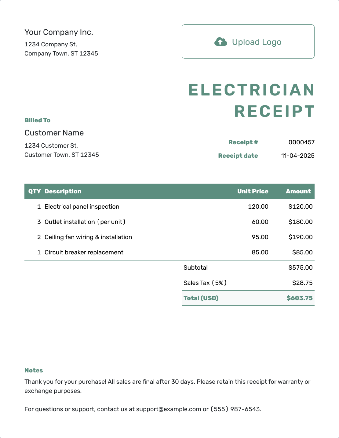 Simple Electrician Receipt Template
