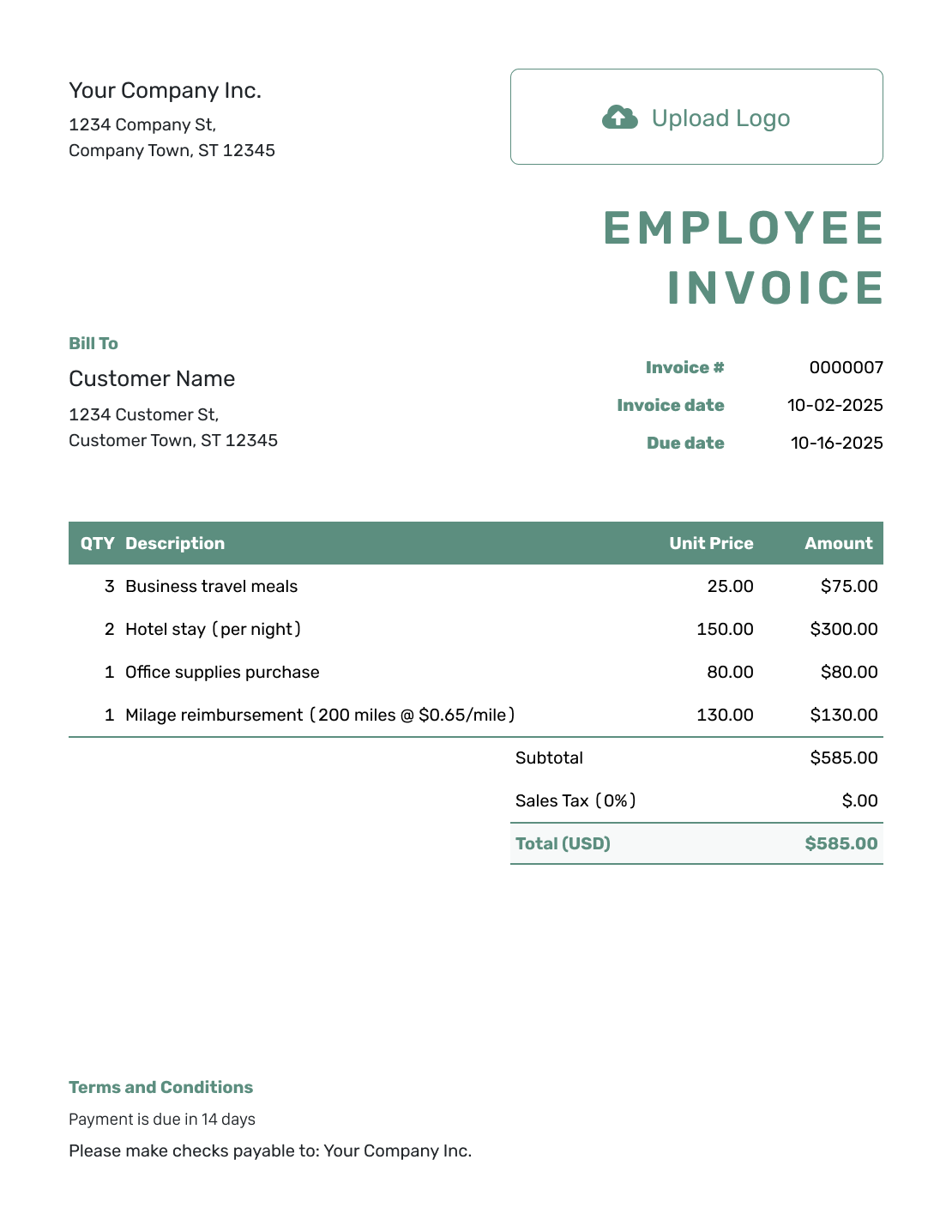 Simple Employee Invoice Template