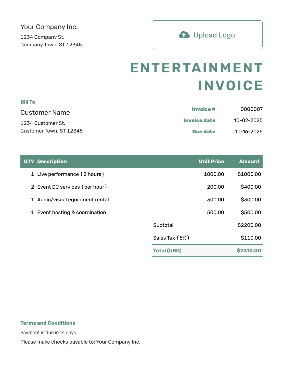 Simple Entertainment Invoice Template