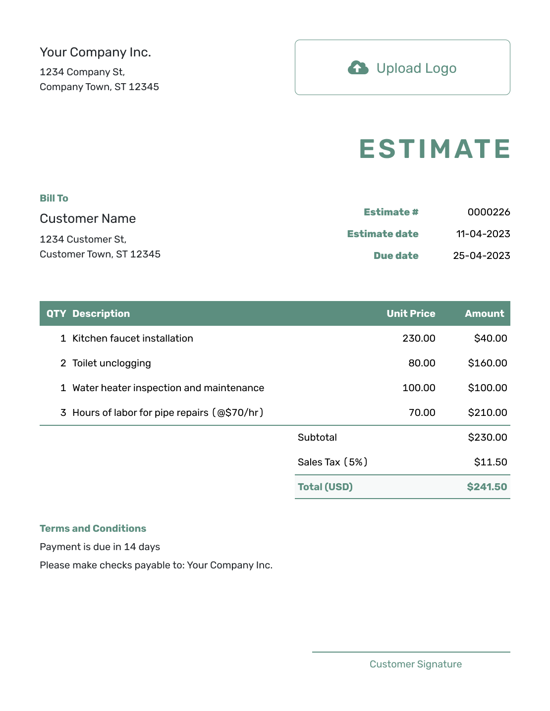 Simple Itemized Estimate Template