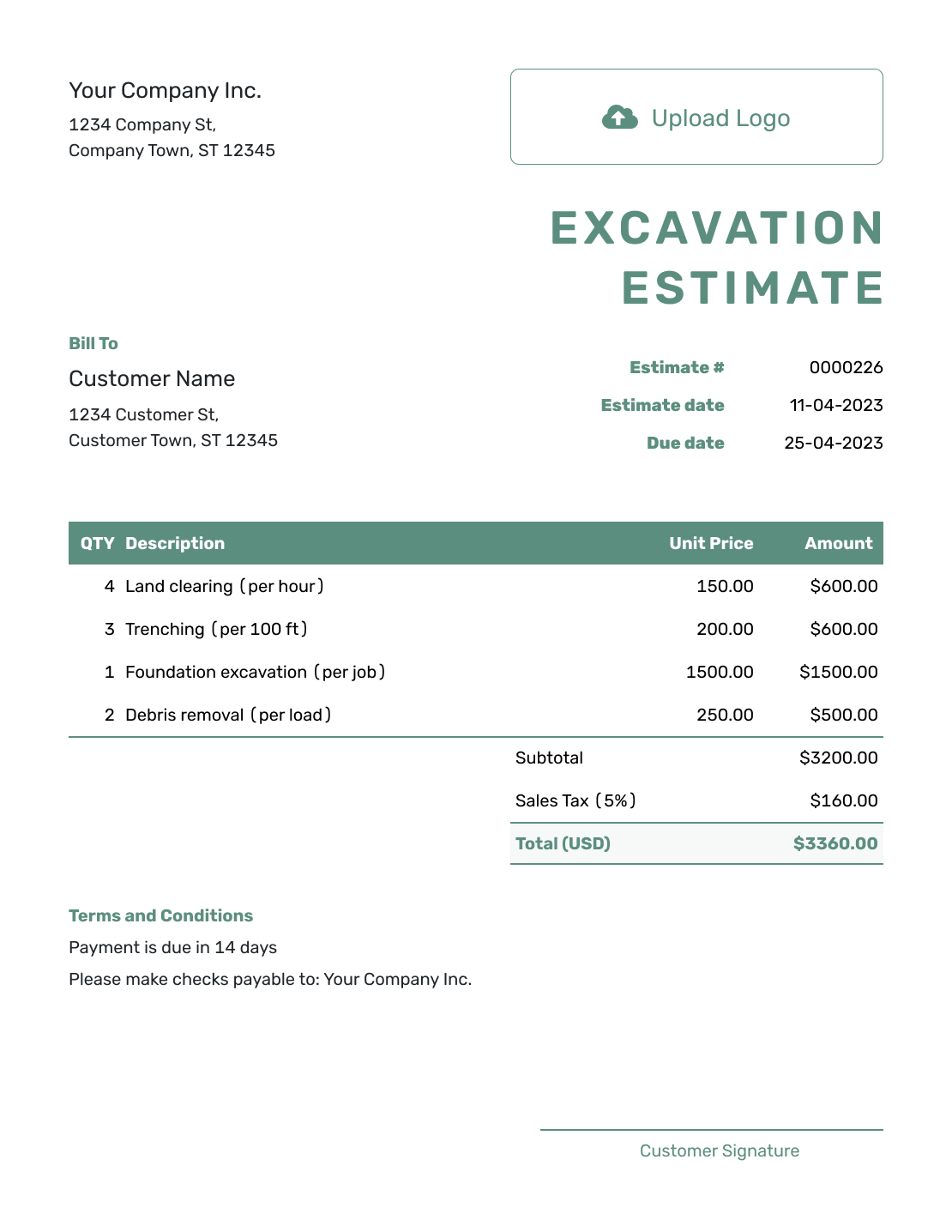 Simple Excavation Estimate Template