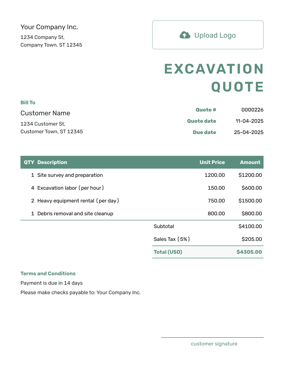 Simple Excavation Quote Template