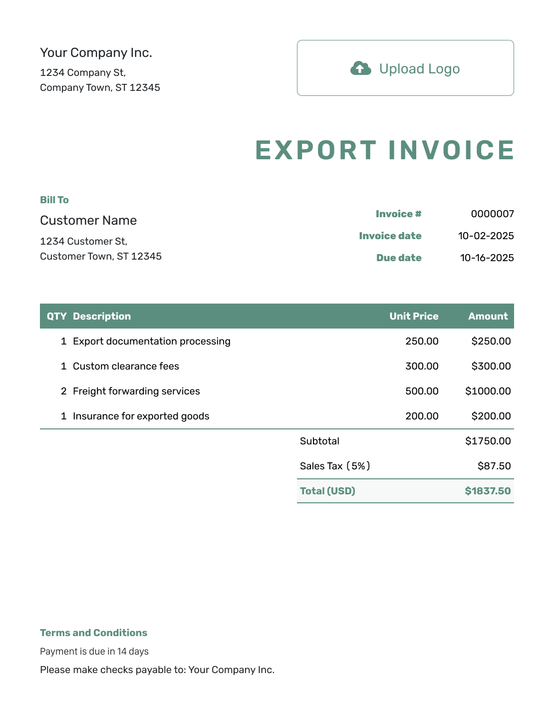 Simple Export Invoice Template