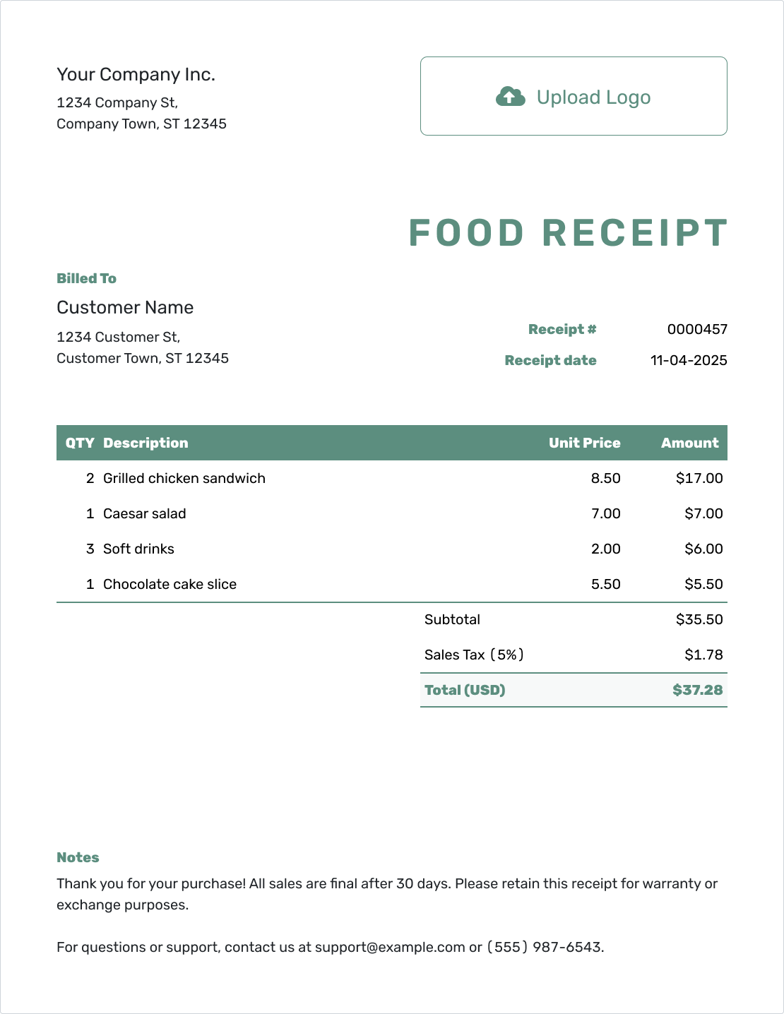 Simple Food Receipt Template