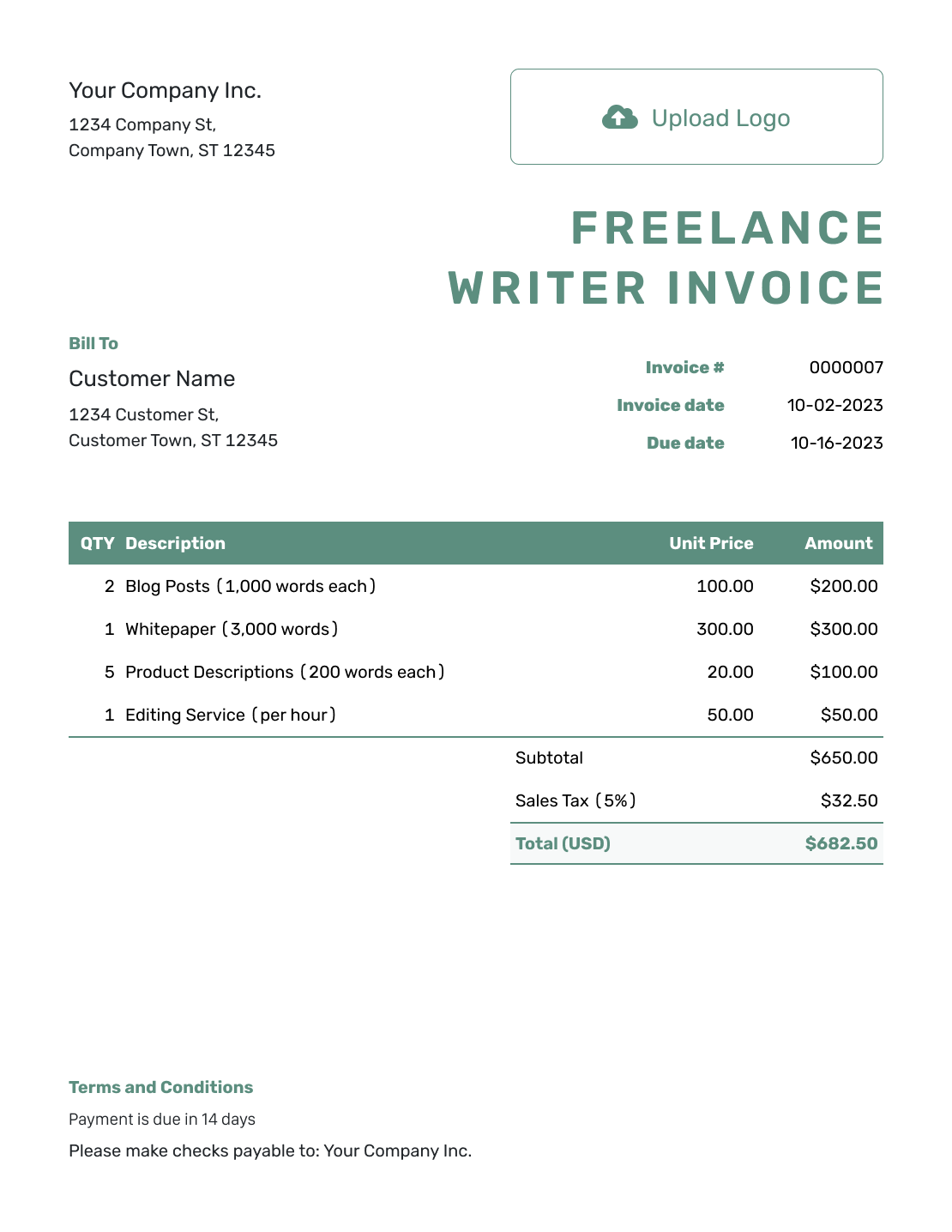 Simple Freelance Writer Invoice Template