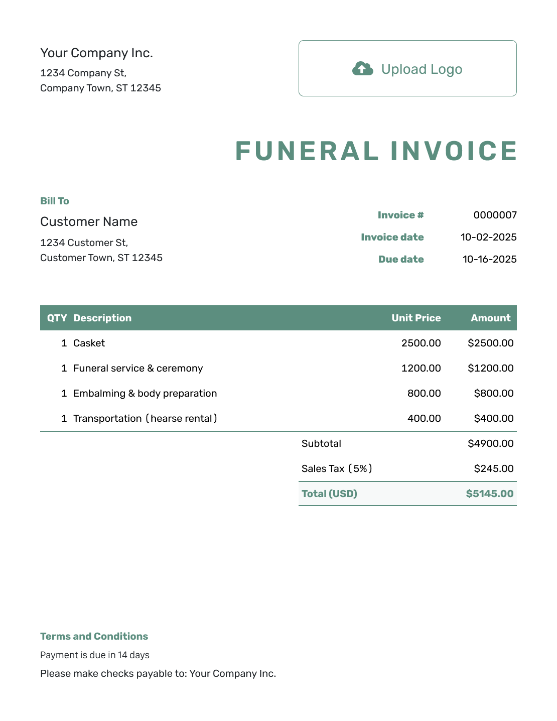 Simple Funeral Invoice Template