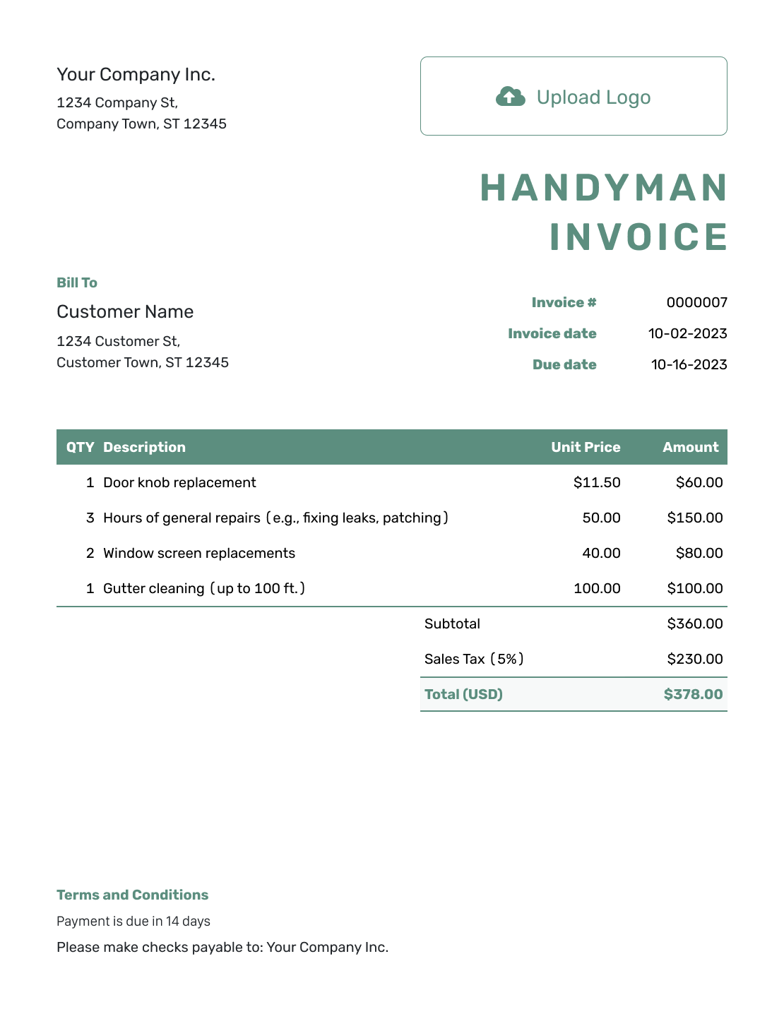 Simple Handyman Invoice Template