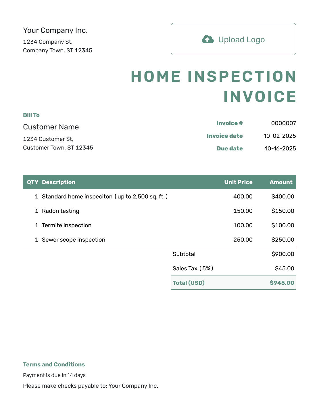 Simple Home Inspection Invoice Template