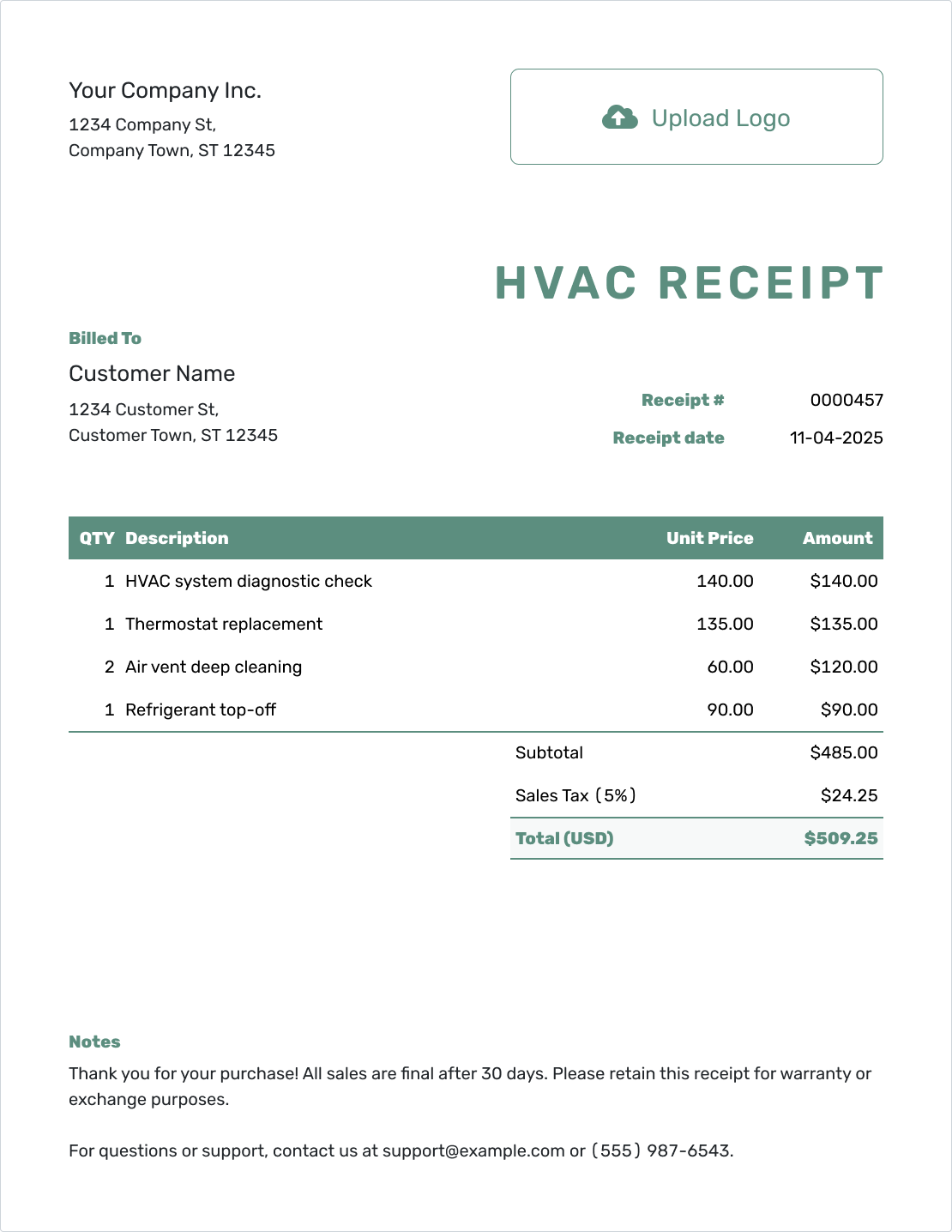 Simple HVAC Receipt Template