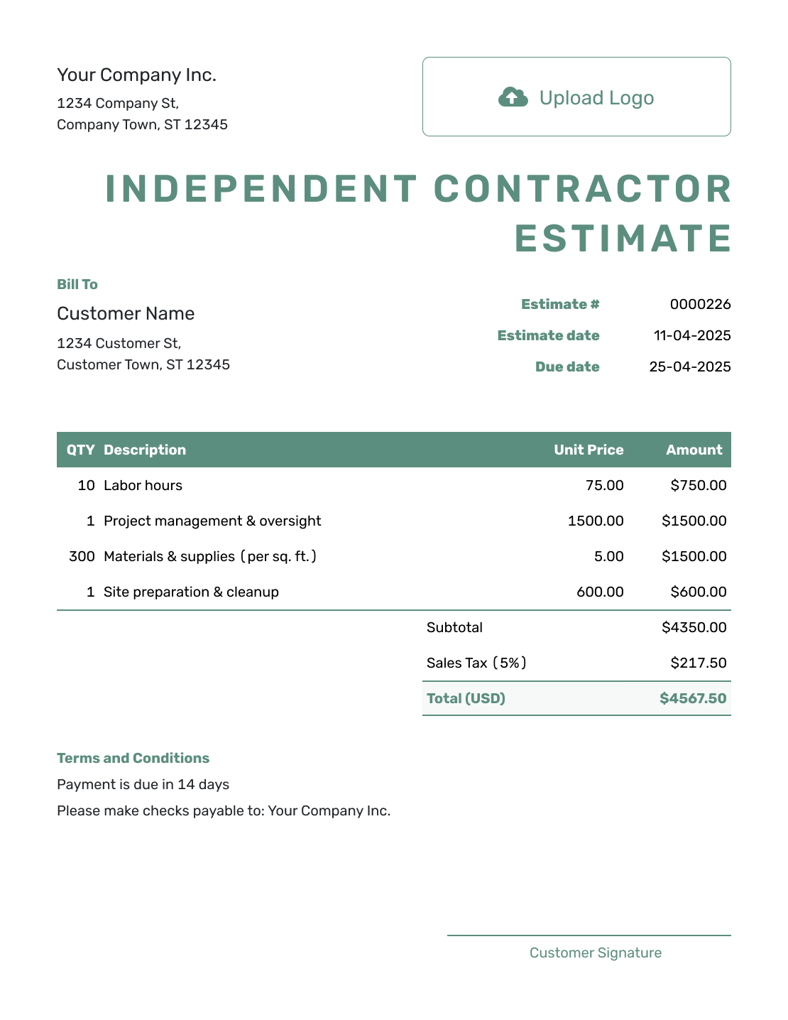 Simple Independent Contractor Estimate Template