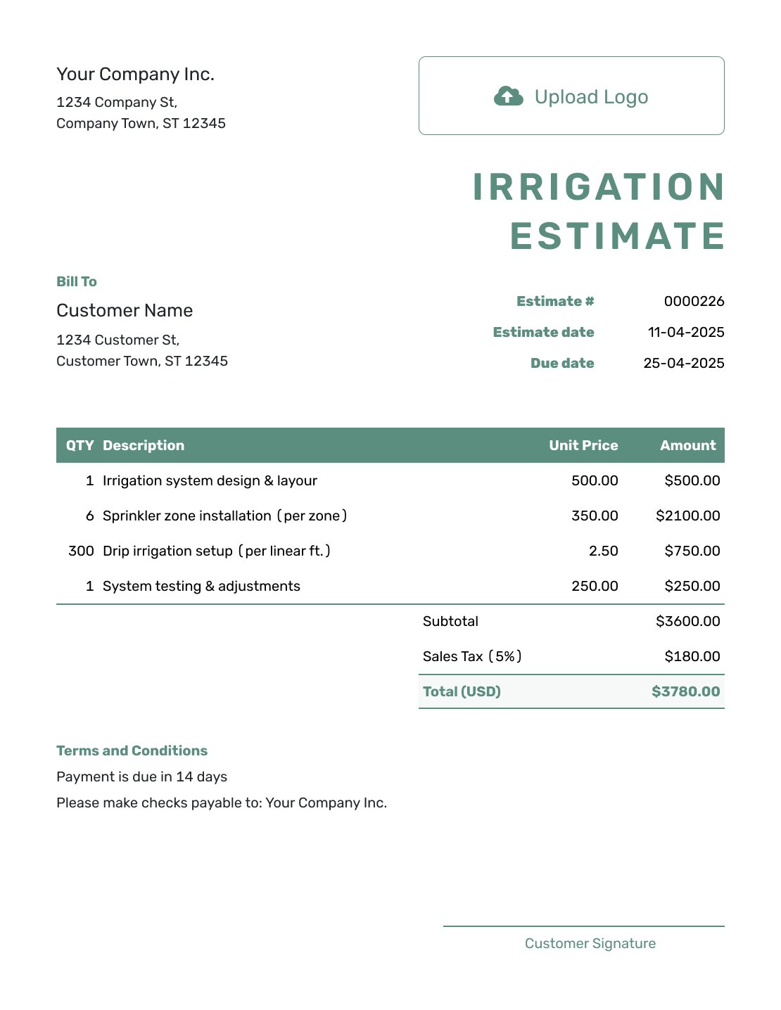 Simple Irrigation Estimate Template