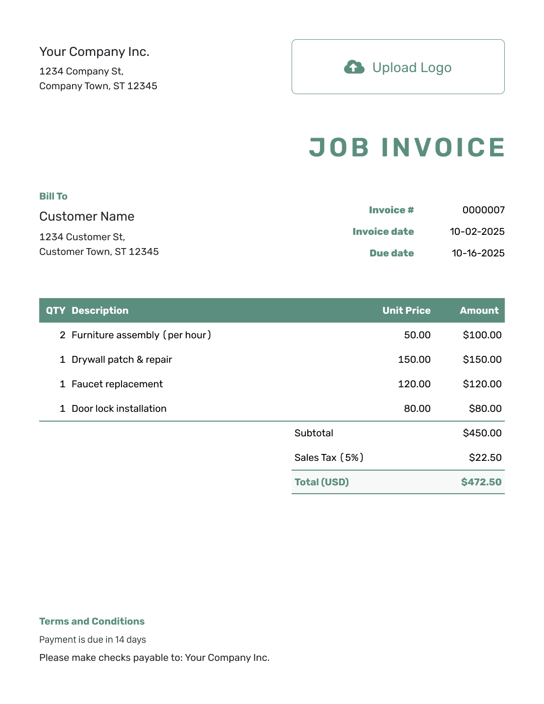 Simple Job Invoice Template