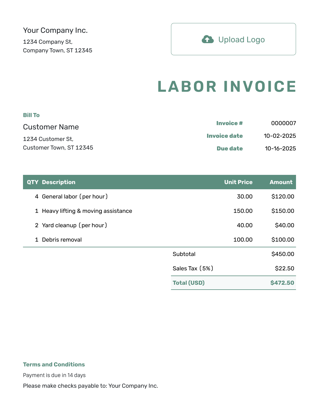 Simple Labor Invoice Template