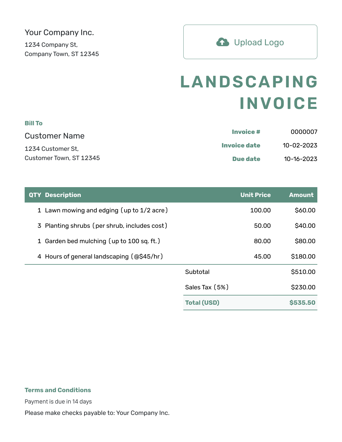 Simple Landscaping Invoice Template