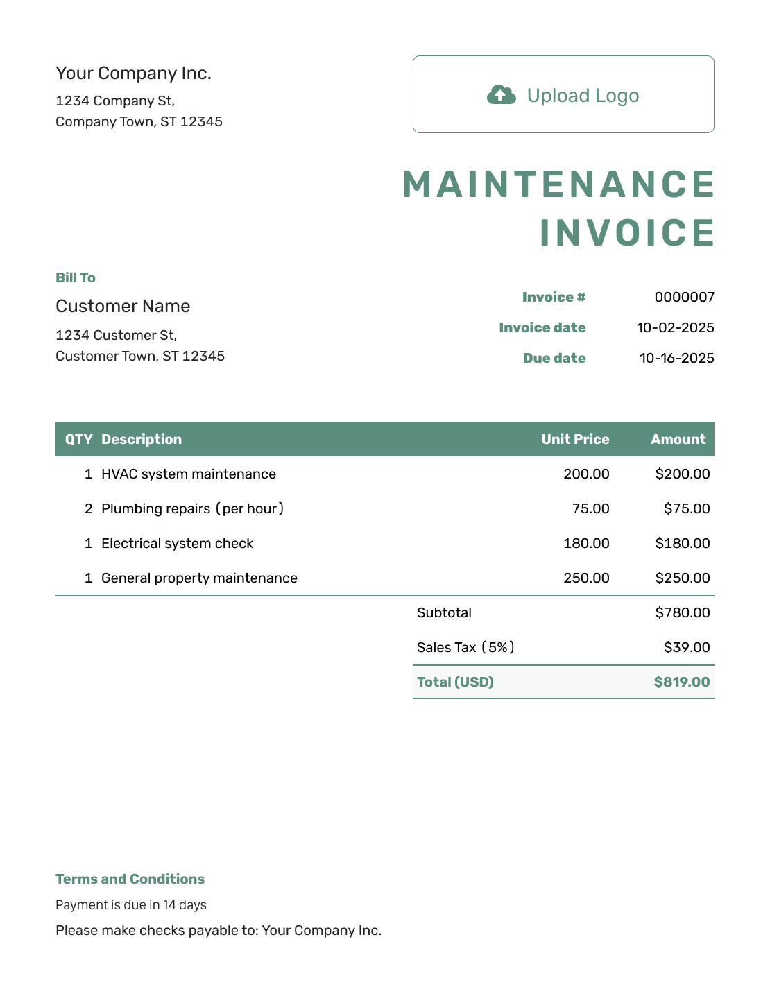 Simple Maintenance Invoice Template