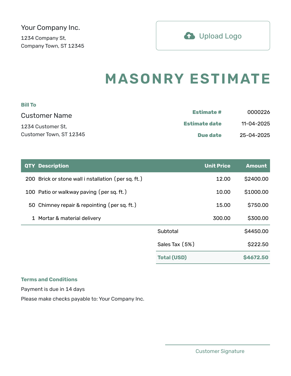 Simple Masonry Estimate Template