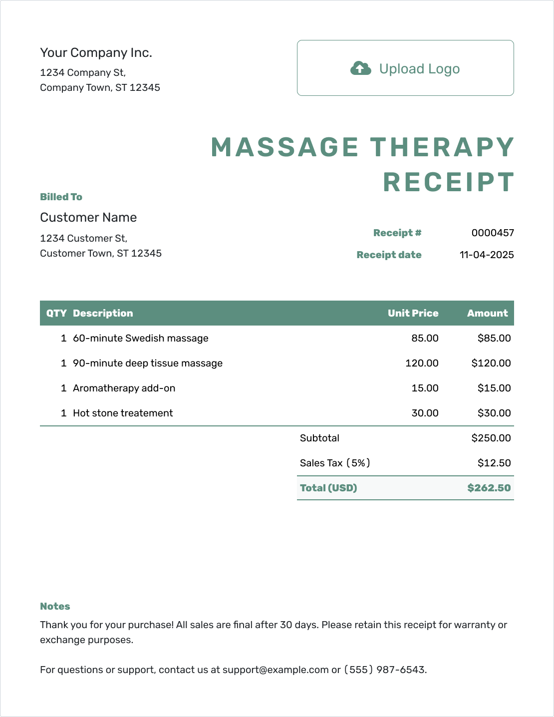 Simple Massage Therapy Receipt Template