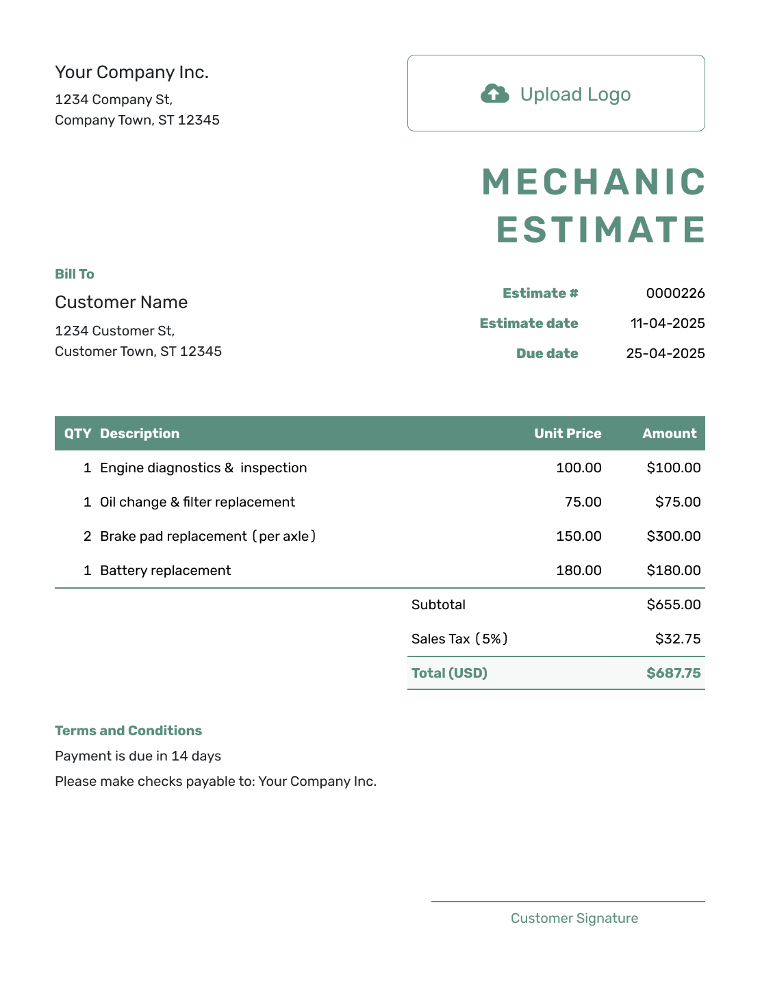 Simple Mechanic Estimate Template