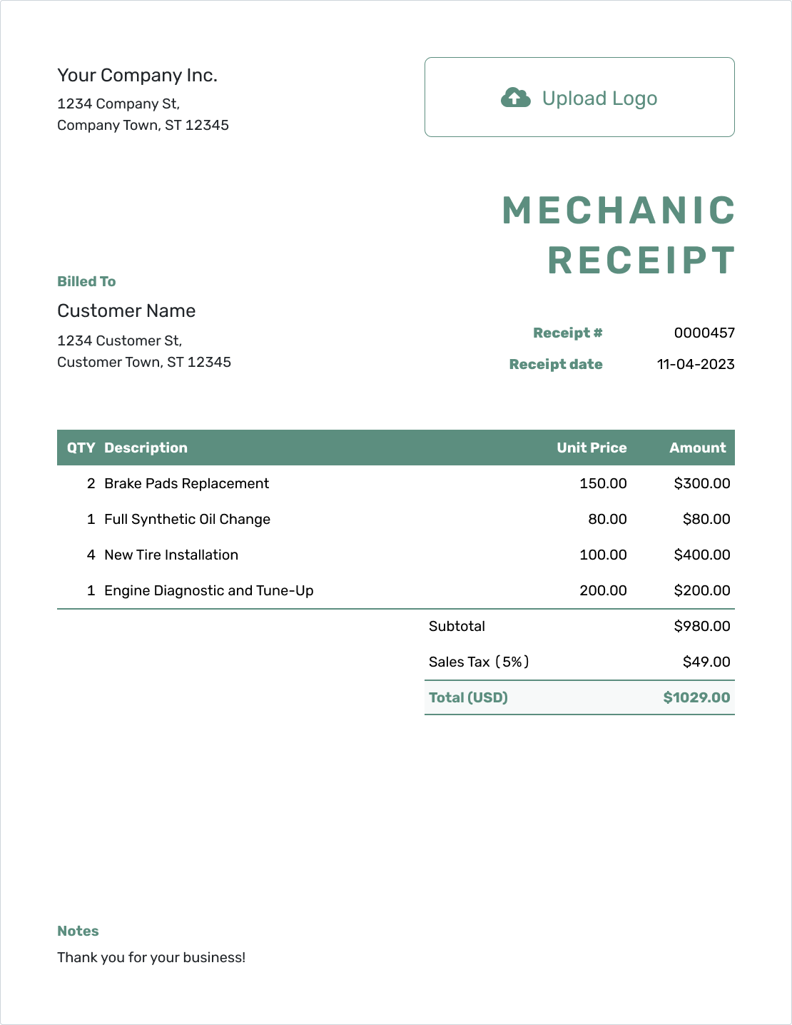 Simple Mechanic Receipt Template