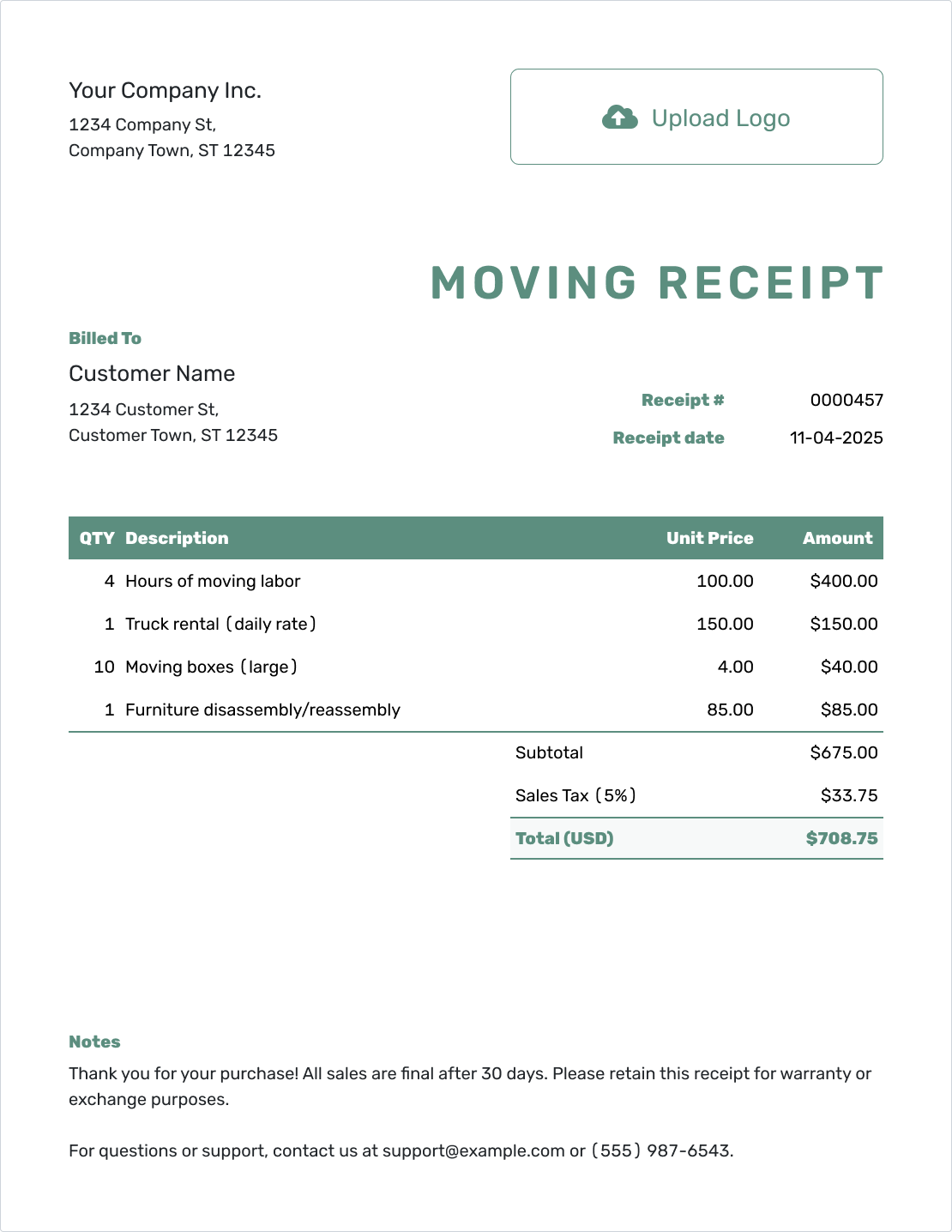 Simple Moving Receipt Template