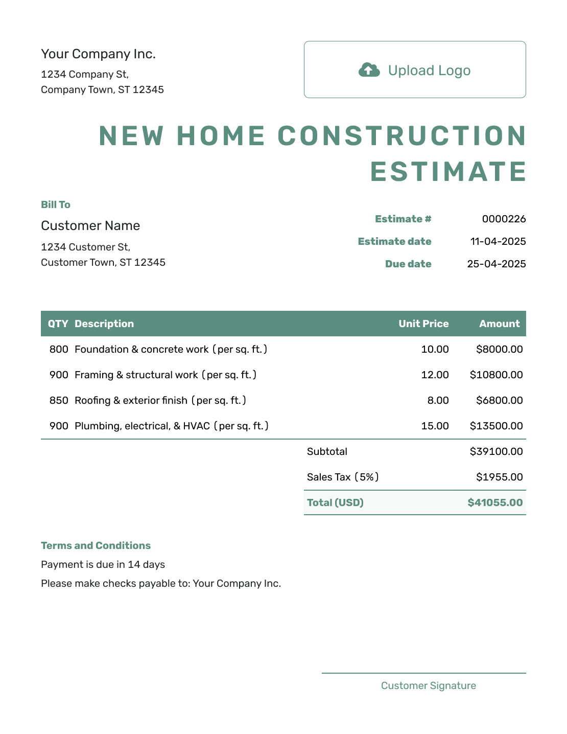 Simple New Home Construction Estimate Template