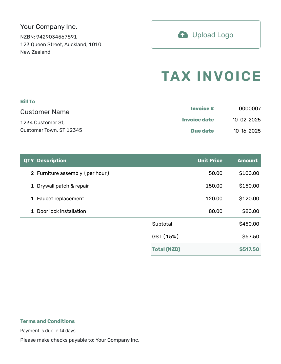 Simple New Zealand Invoice Template