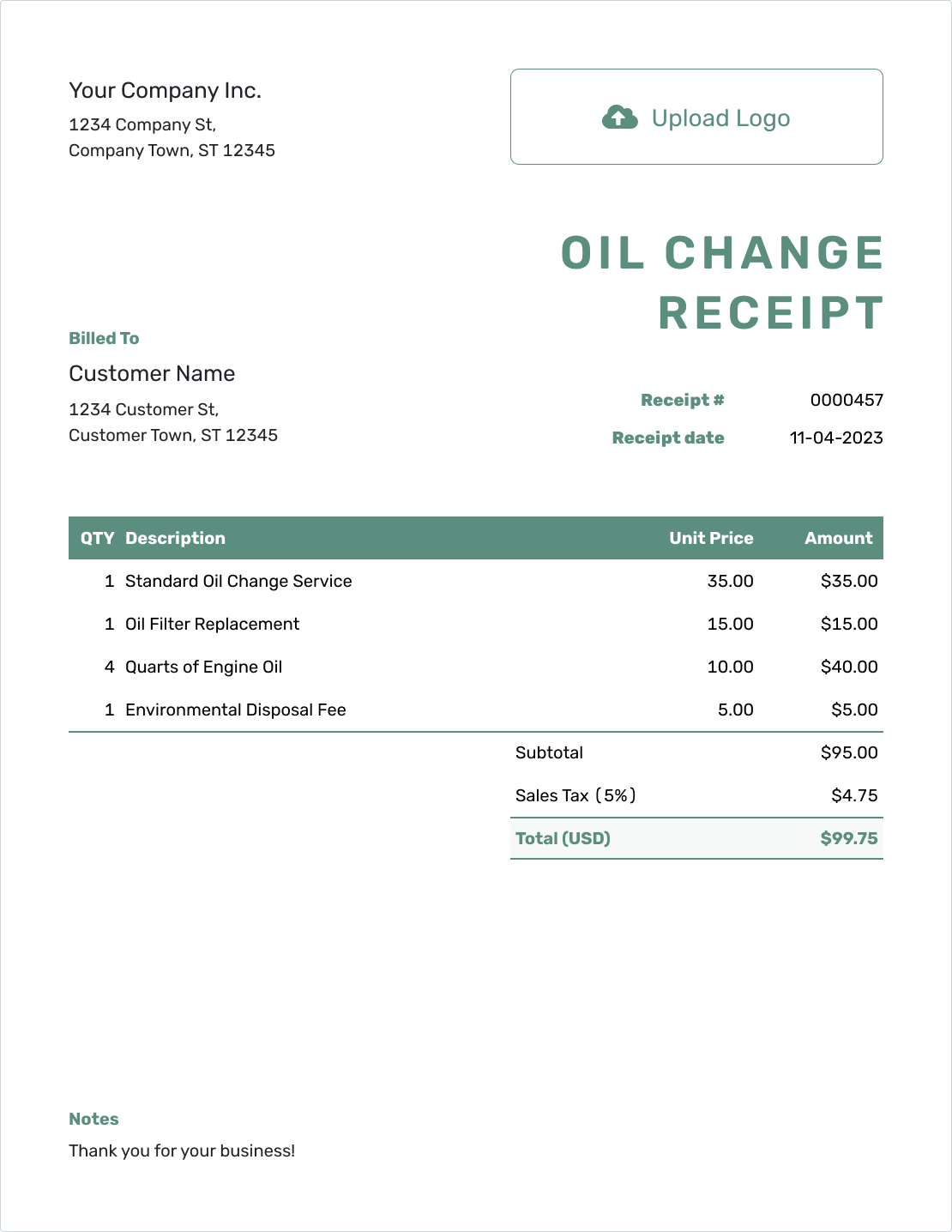 Simple Oil Change Receipt Template