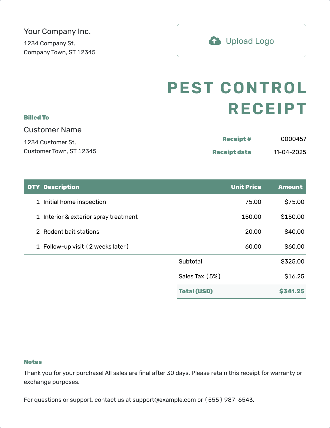 Simple Pest Control Receipt Template