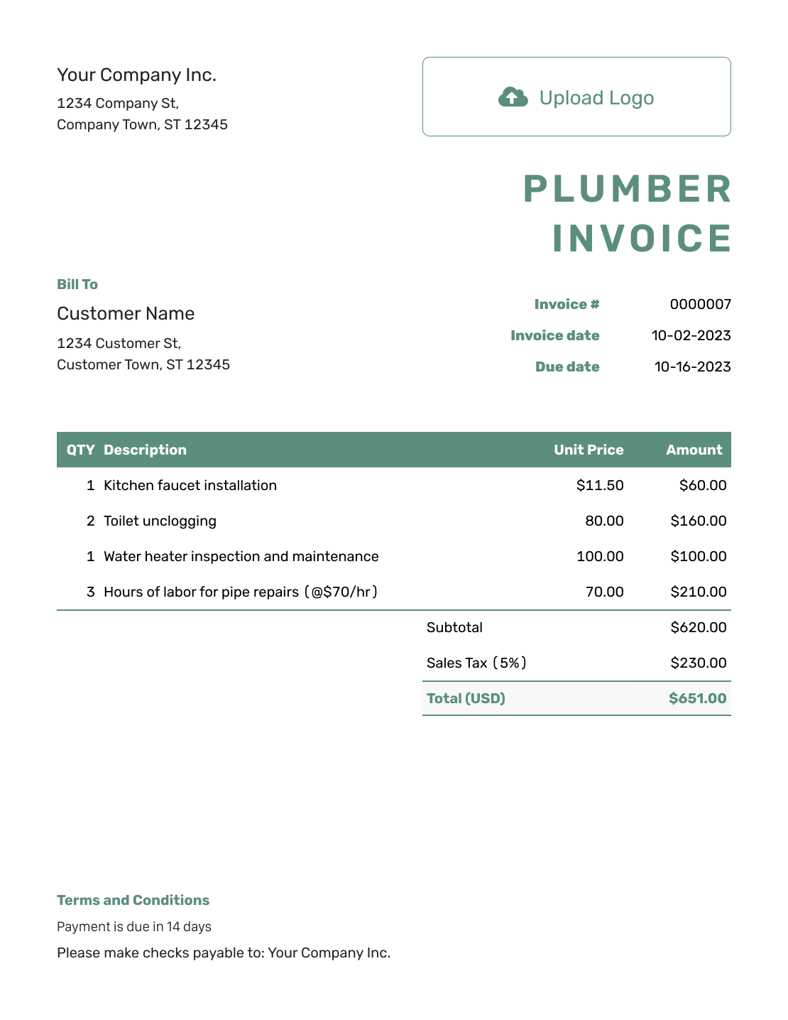 Simple Plumber Invoice Template