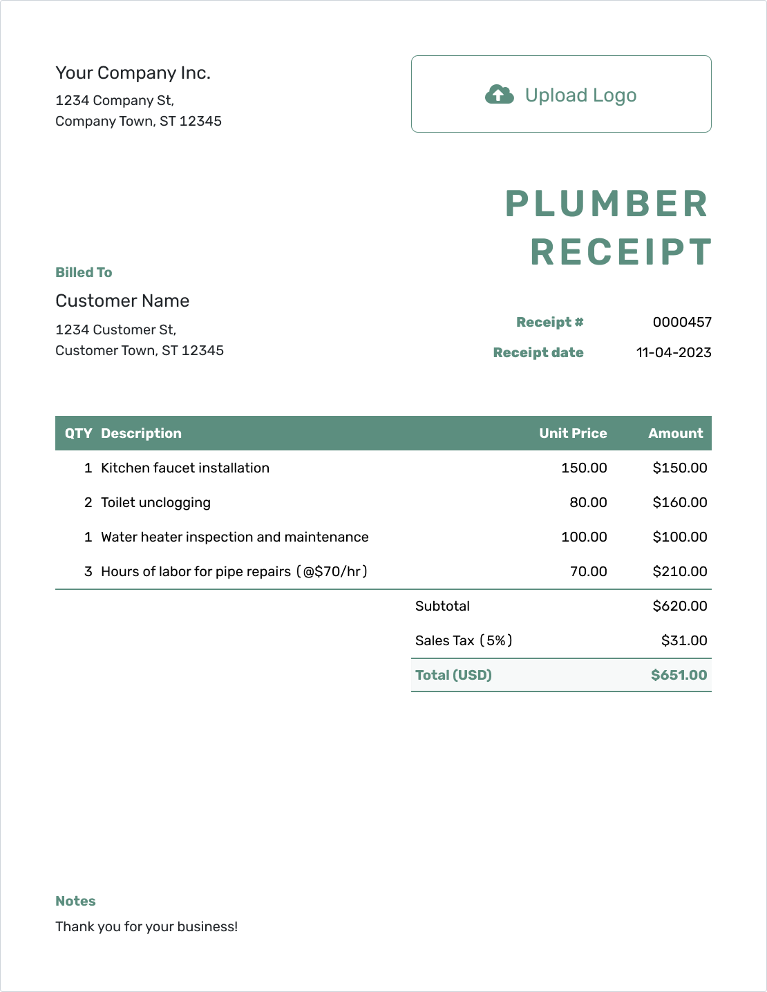 Simple Plumber Receipt Template