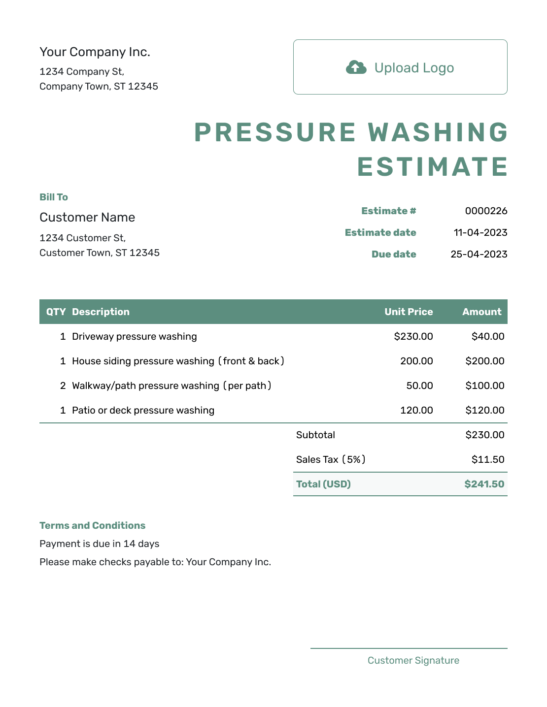 Simple Pressure Washing Estimate Template