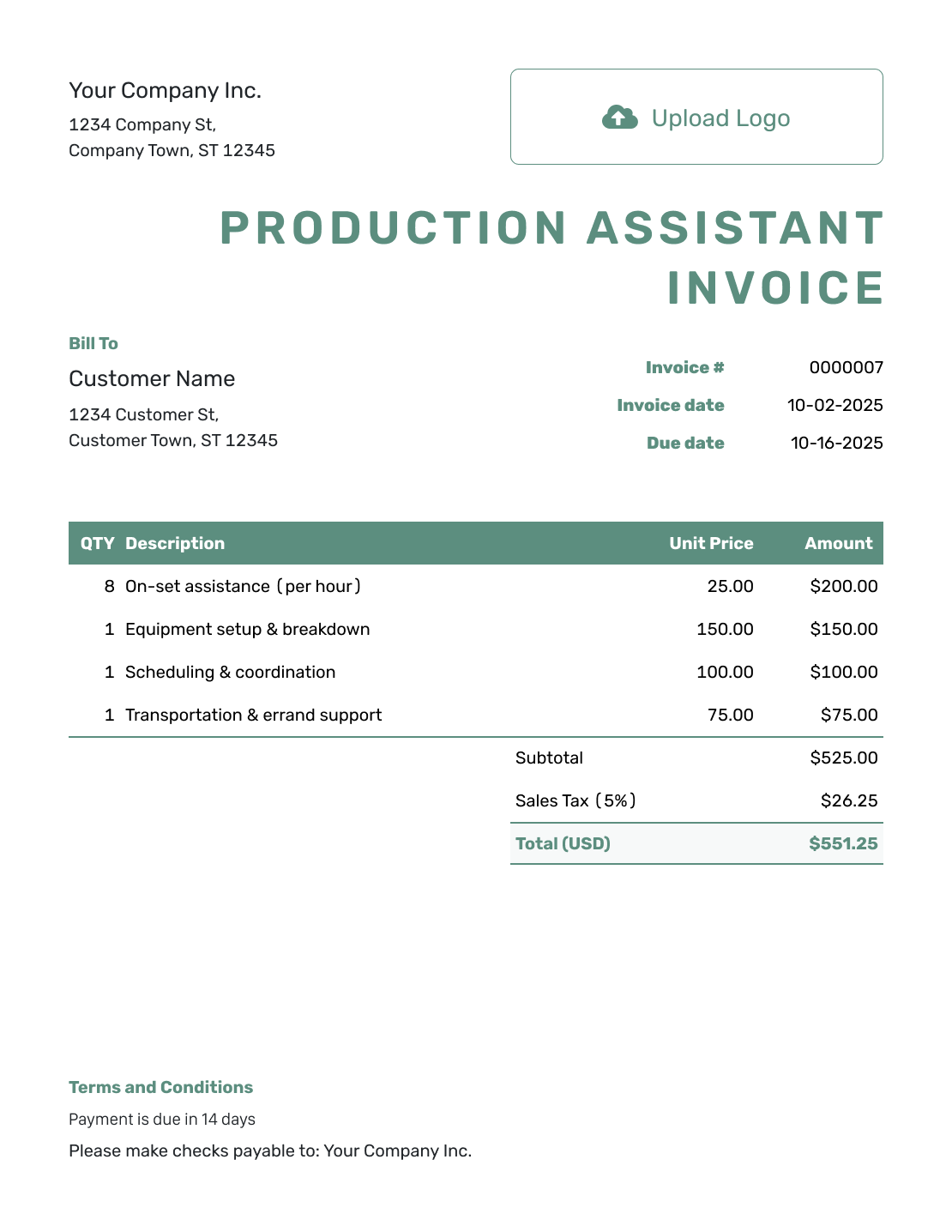 Simple Production Assistant Invoice Template