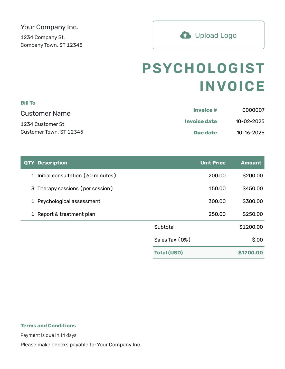 Simple Psychologist Invoice Template