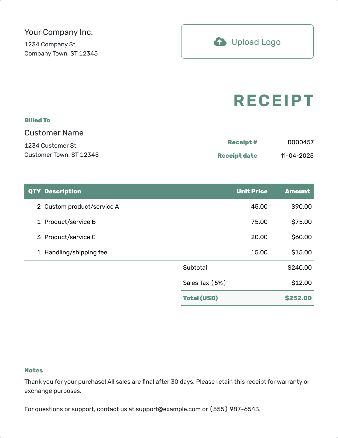 Simple Work Receipt Template