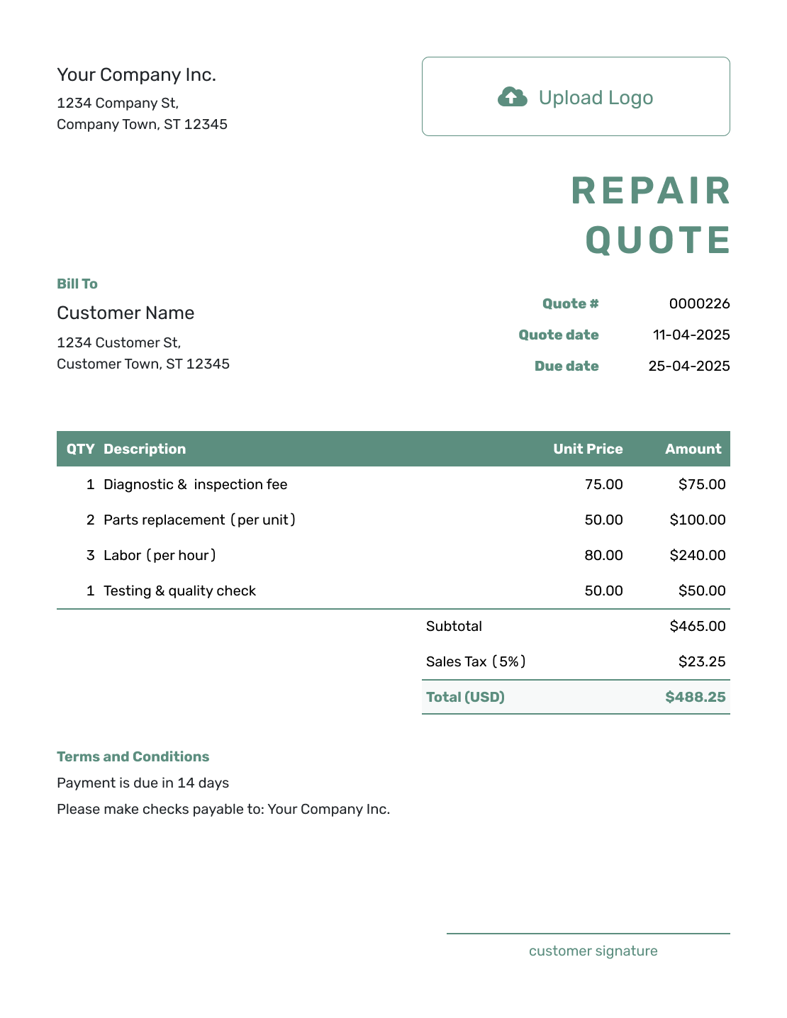 Simple Repair Quote Template