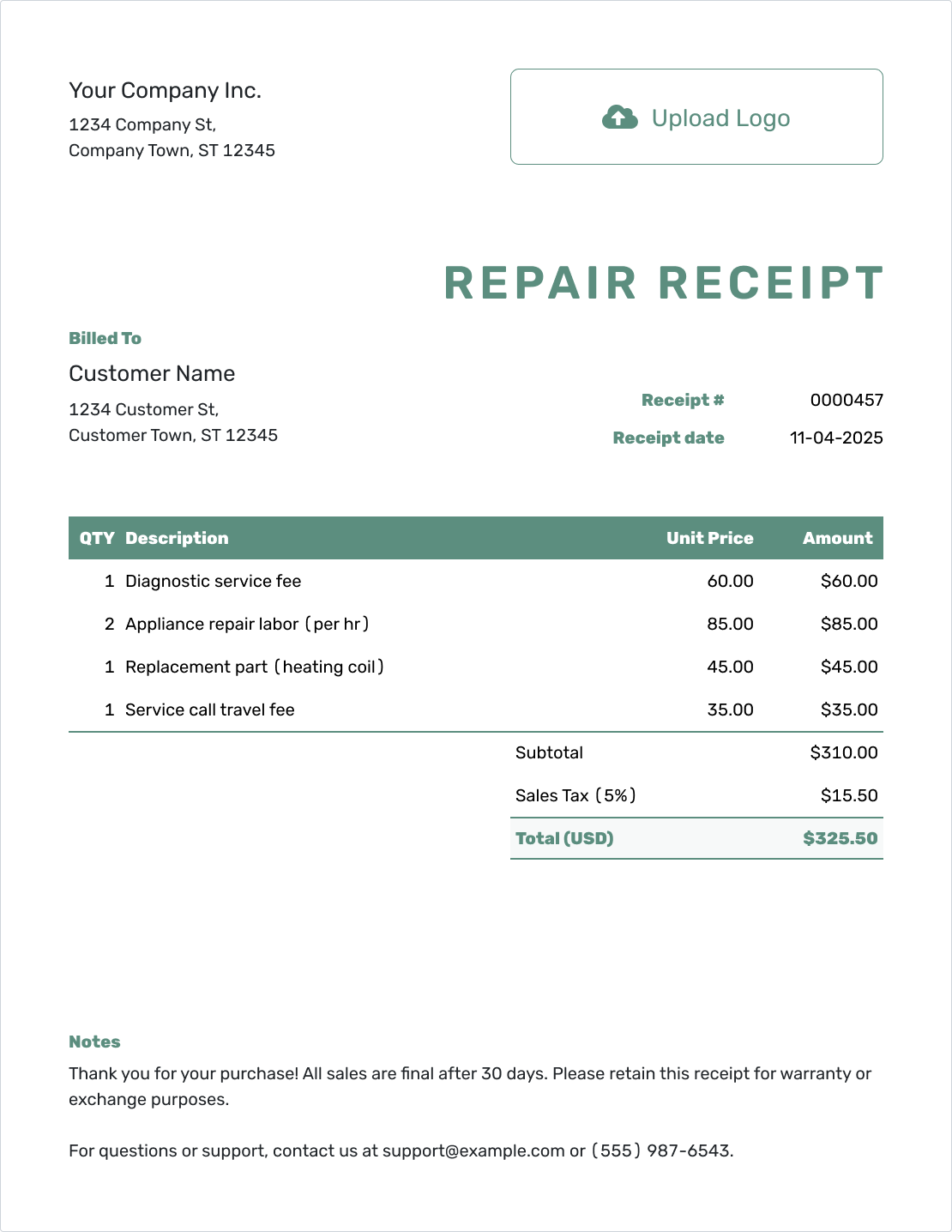 Simple Repair Receipt Template