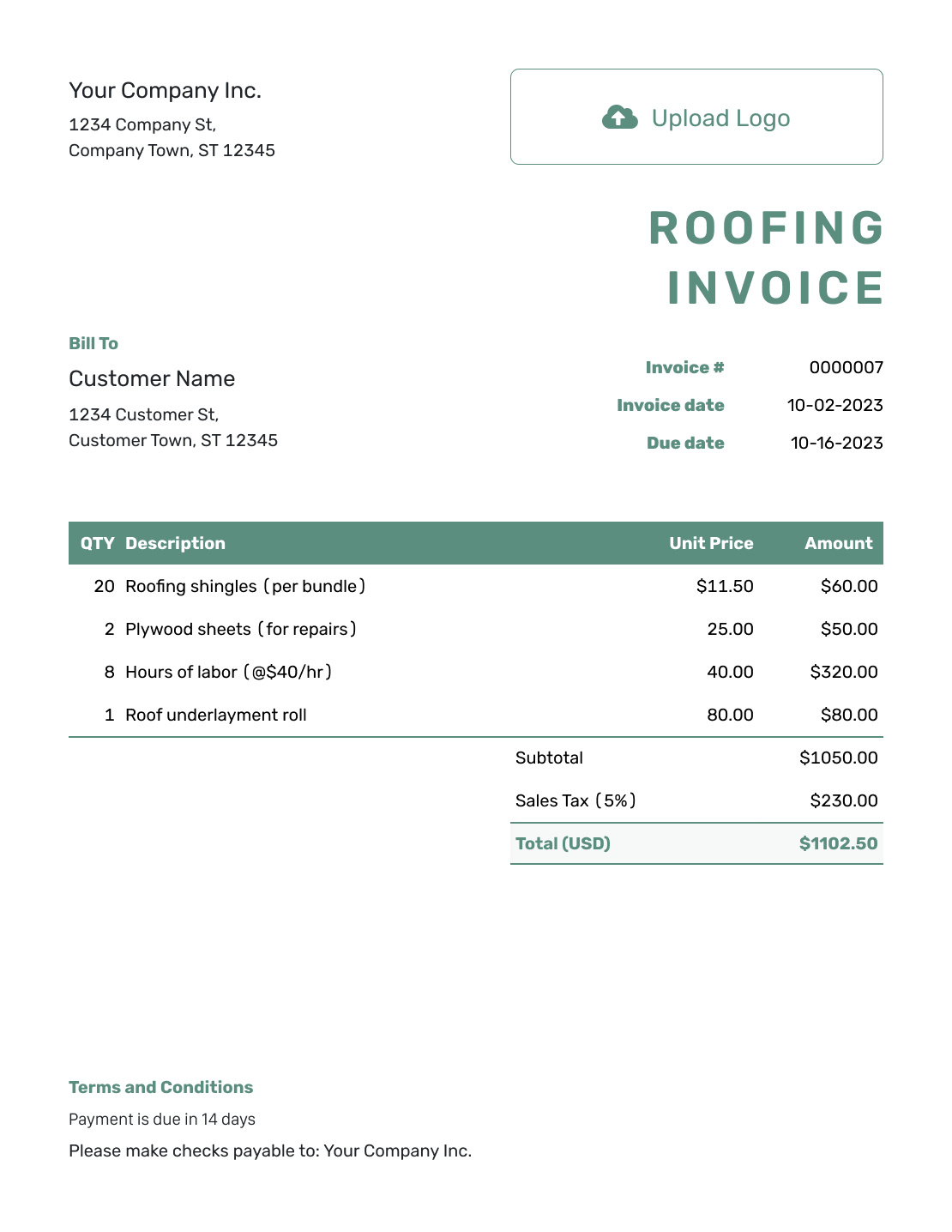 Simple Roofing Invoice Template