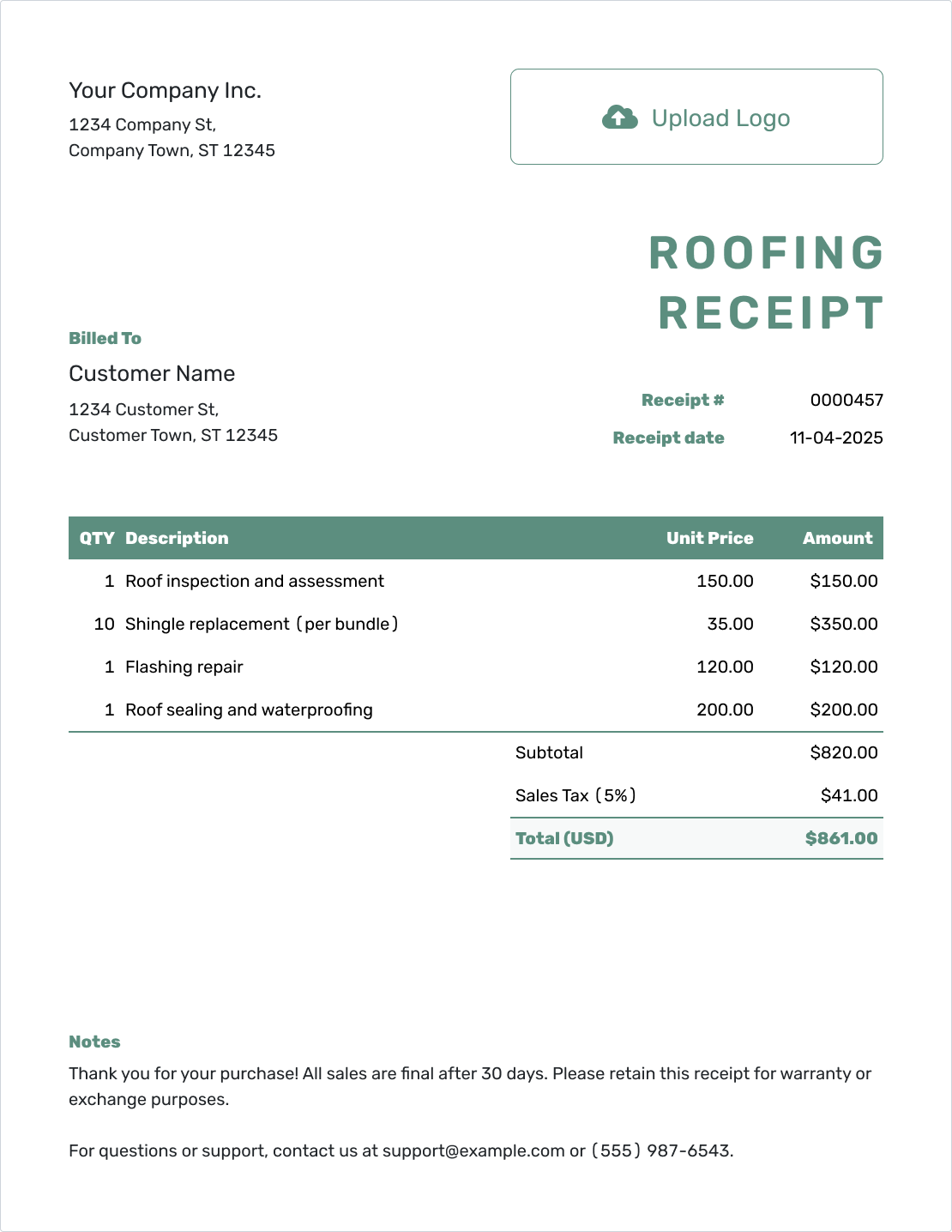 Simple Roofing Receipt Template