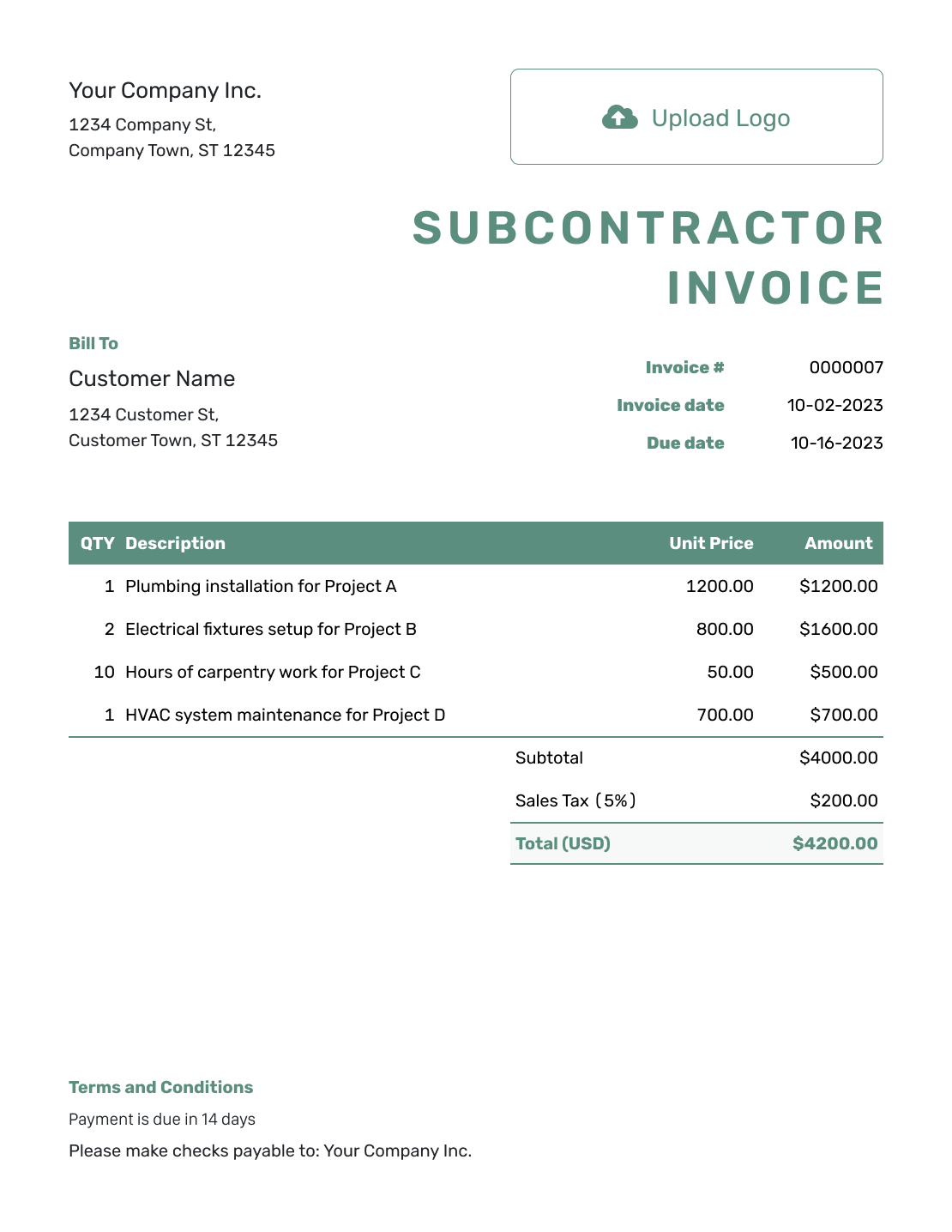 Simple Subcontractor Invoice Template