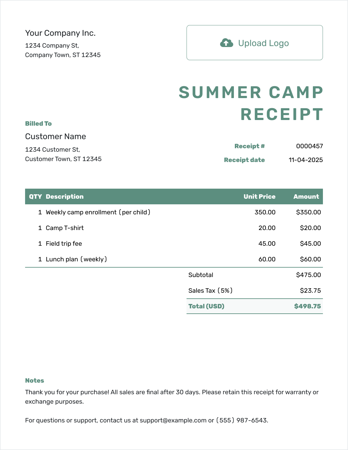 Simple Summer Camp Receipt Template