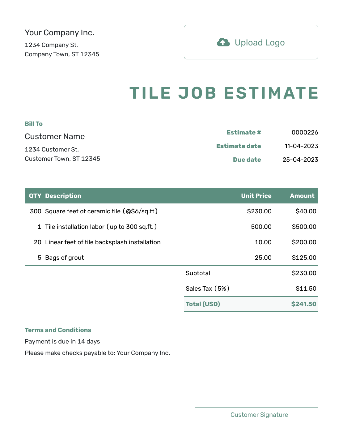 Simple Tile Job Estimate Template