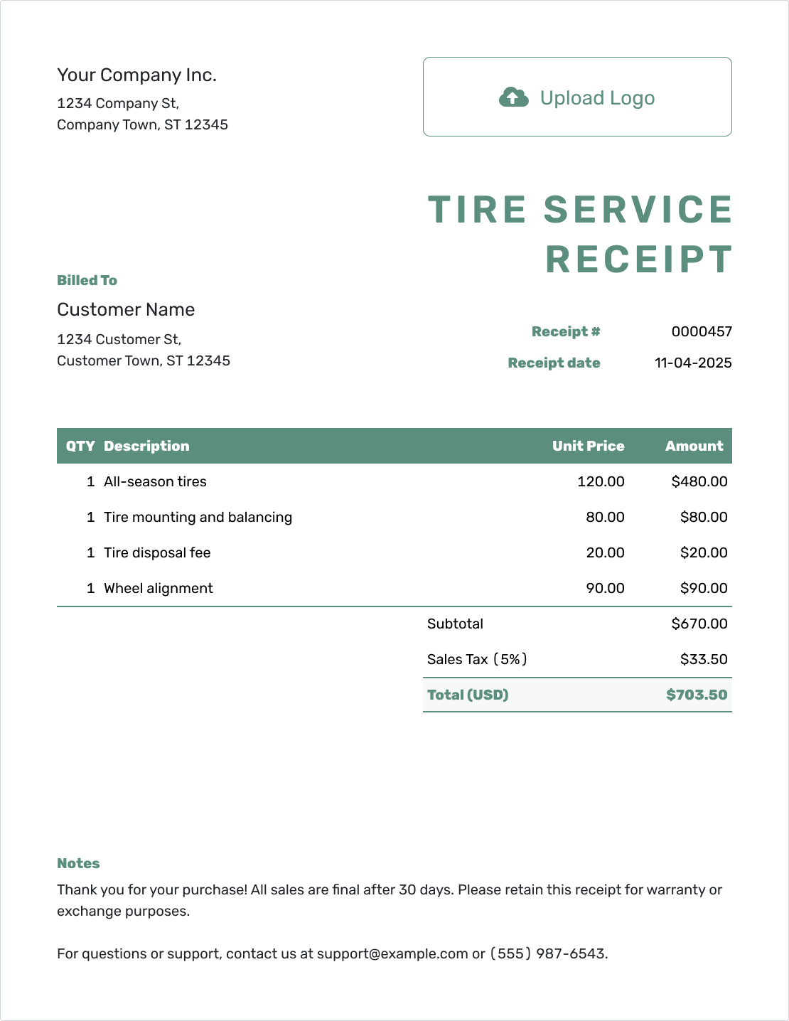 Simple Tire Receipt Template