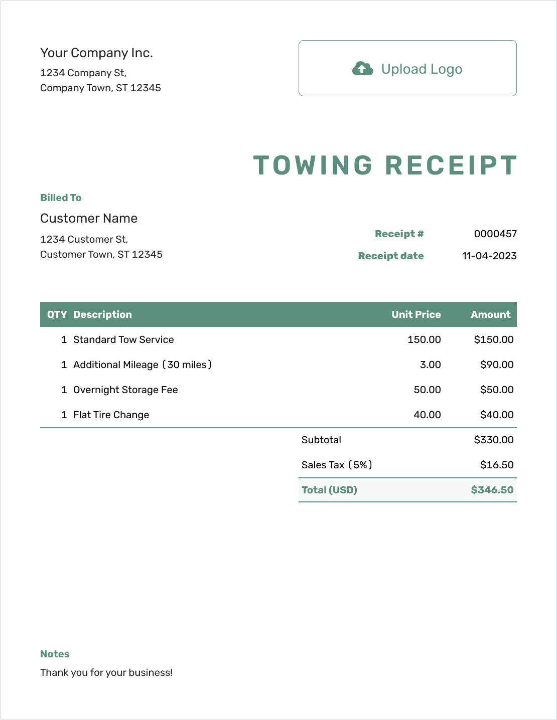 Simple Towing Receipt Template