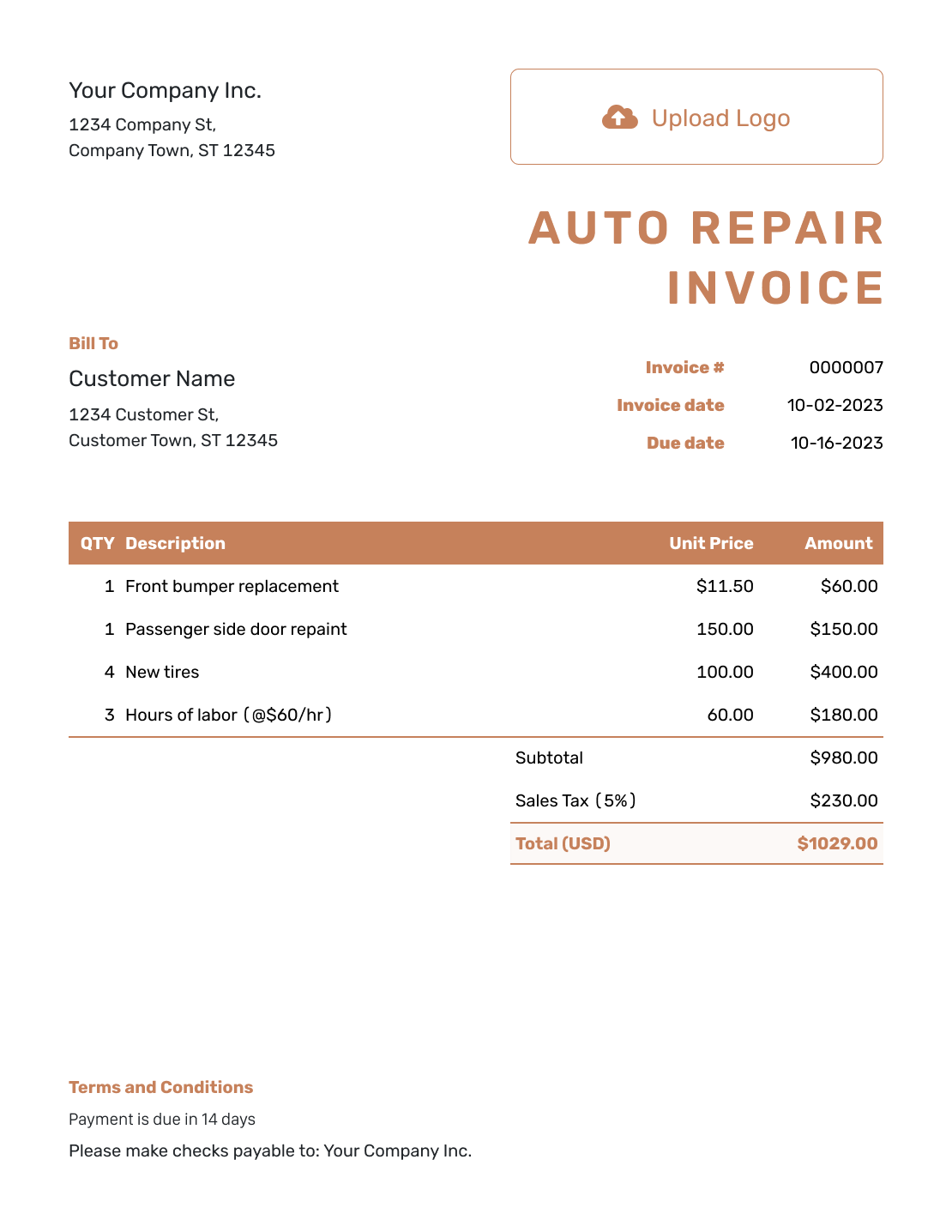 Standard Auto Repair Invoice Template